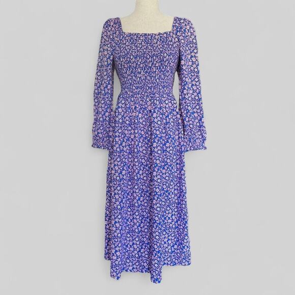 J Crew Dress Womens Small Blue Pink Floral Long Sleeve Smocked Maxi coquette - Picture 1 of 16